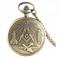 Ceas de buzunar vintage, JustZEN™ Masonic, cu lant, auriu, Quartz, cu baterie