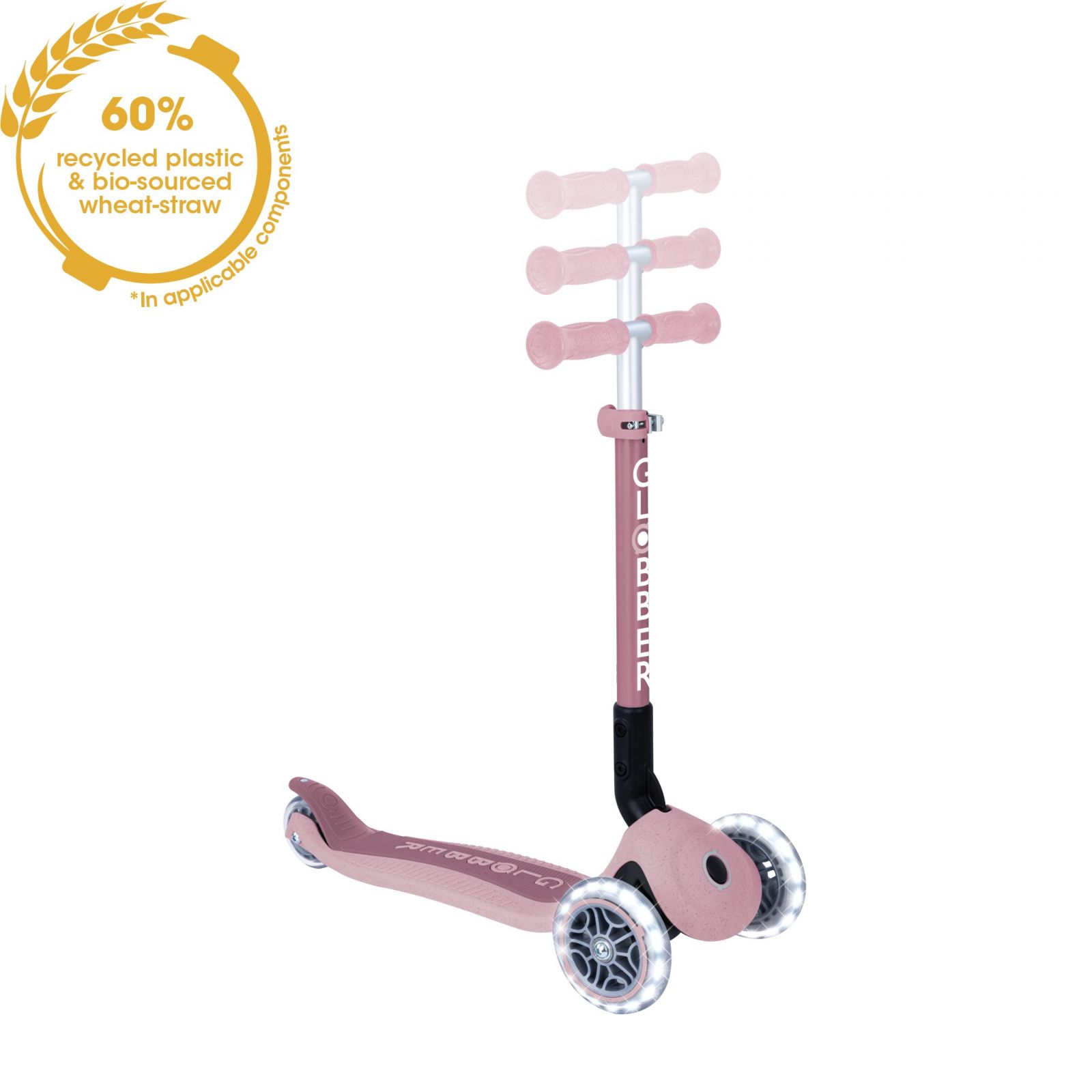 Trotineta Globber JUNIOR PLIABILA ECOLOGICA ghidon ajustabil pe 3 nivele roti cu lumini LED rulmenti ABEC 9 culoare roz pal