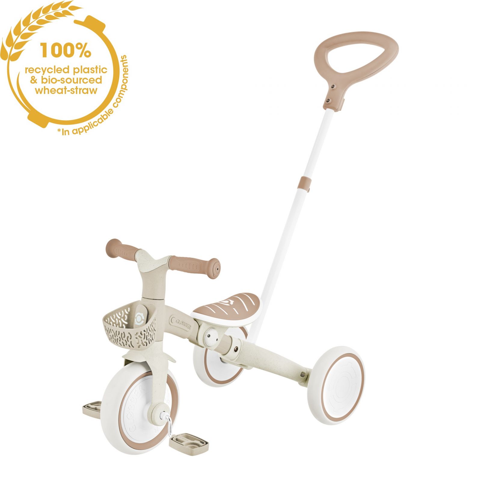 Tricicleta Globber 3 in 1 pentru copii ecologica bara de impins si ghidaj pentru parinti scaun ajustabil functie free wheel si cosulet transport