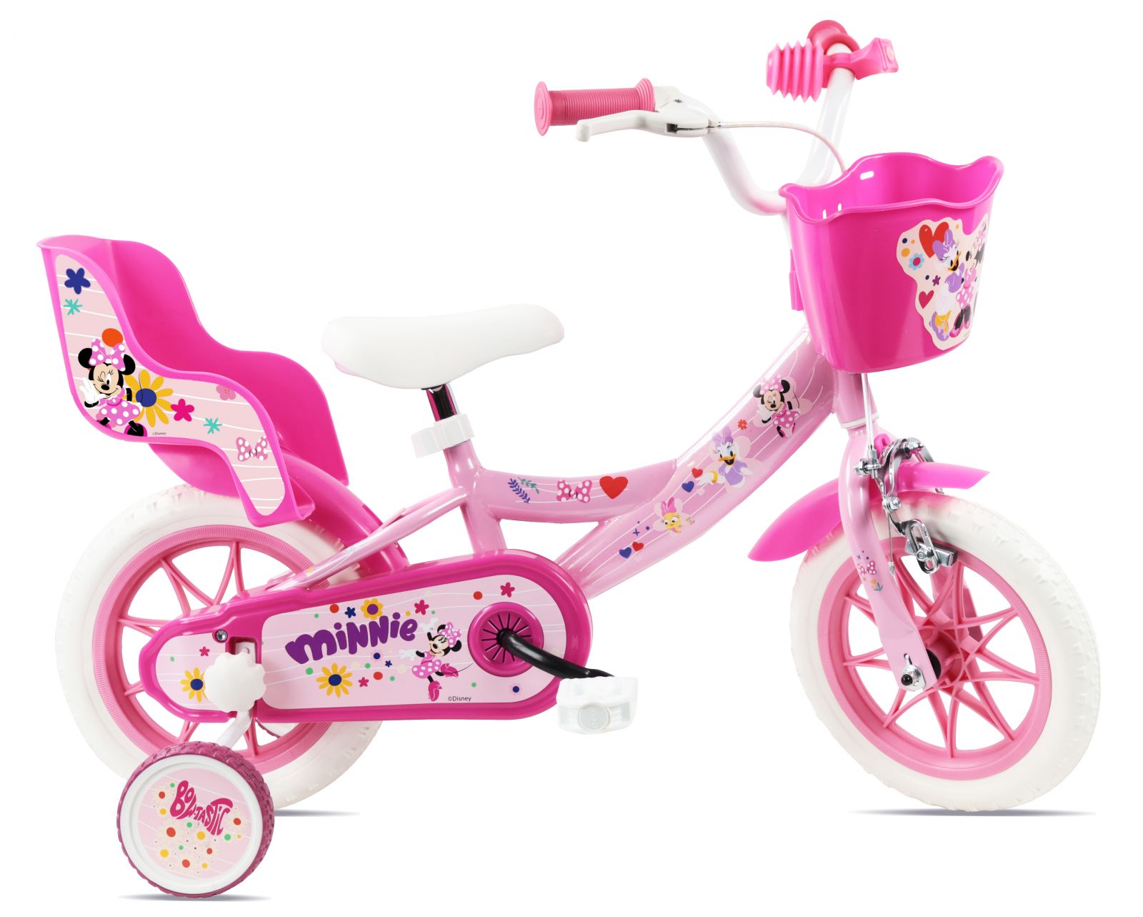Bicicleta Denver Minnie Cutest 12 inch frana de mana pe ambele roti clopotel roti ajutatoare detasabile suport pentru papusi