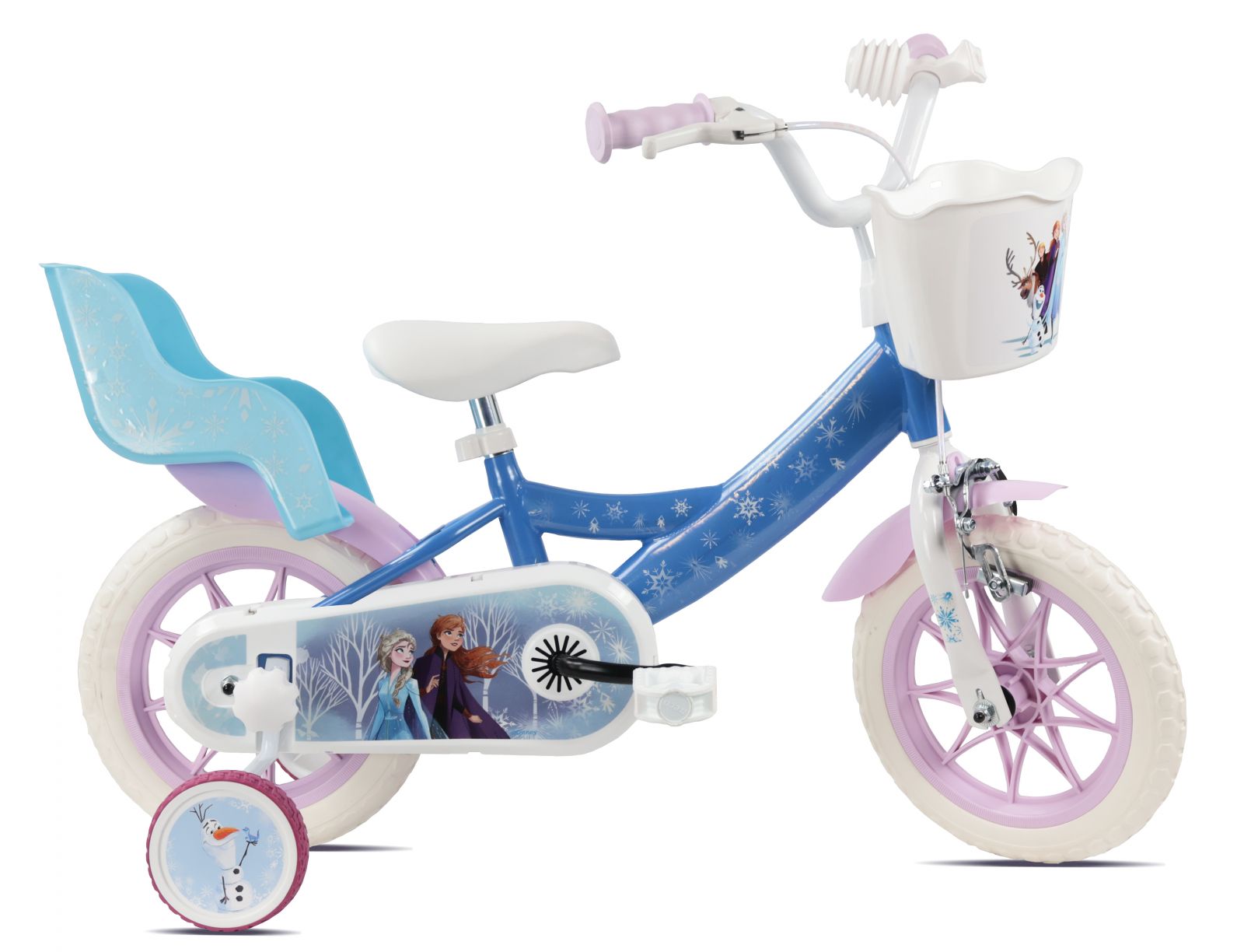 Bicicleta Denver Disney Frozen 12 inch frana de mana pe ambele roti clopotel roti ajutatoare detasabile suport pentru papusi cosulet transport pe ghidon