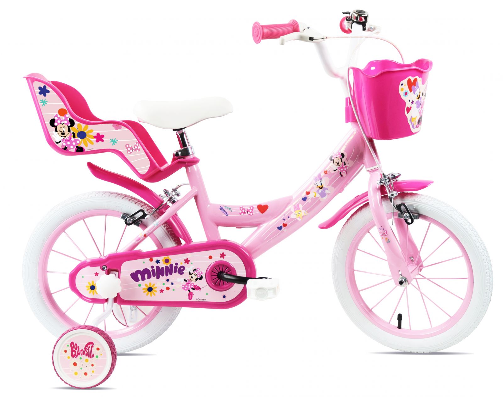 Bicicleta Denver Minnie Cutest 14 inch frana de mana pe ambele roti clopotel roti ajutatoare detasabile suport pentru papusi cosulet transport pe ghidon