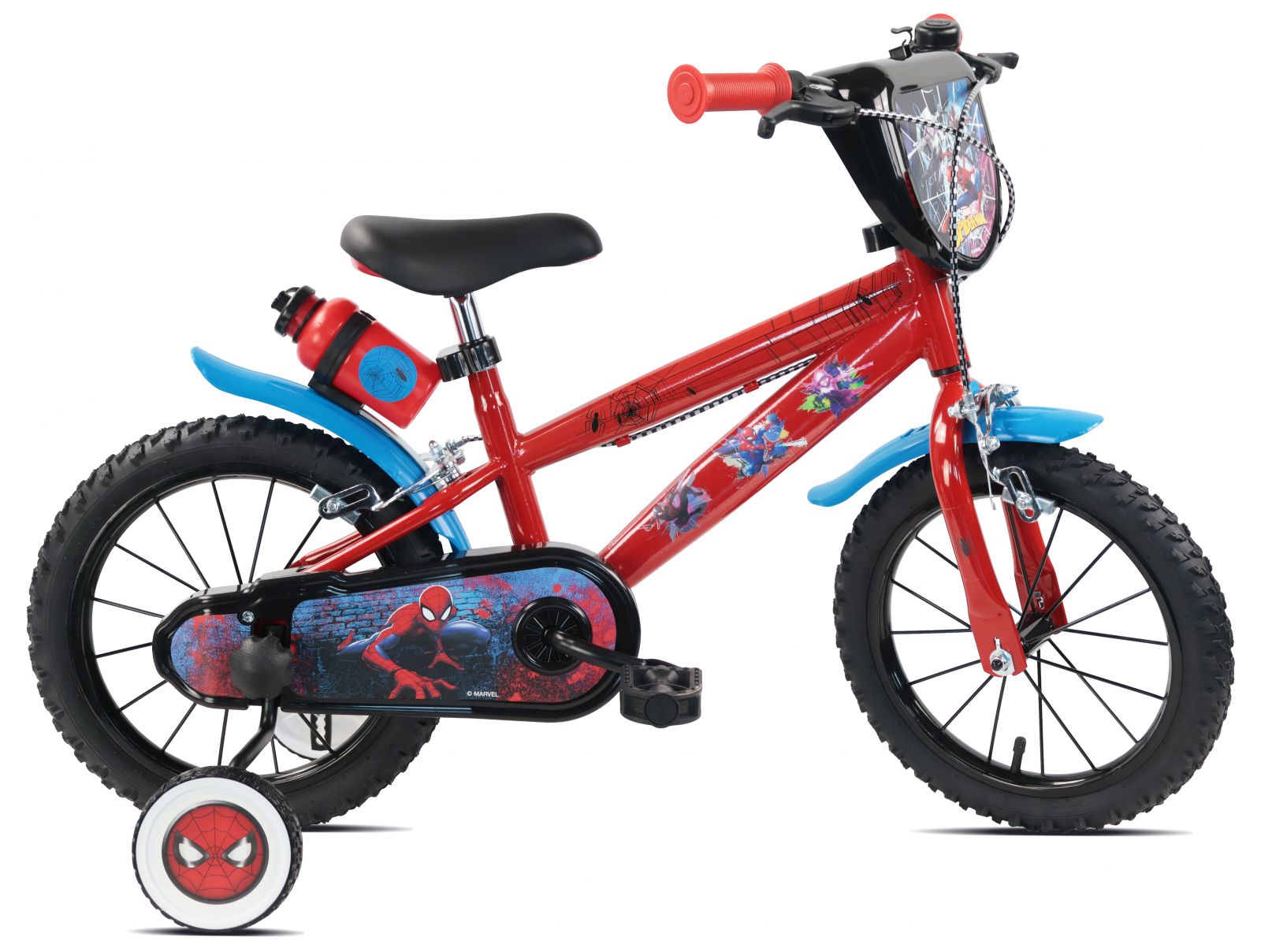 Bicicleta Denver Spiderman 14 inch  frana de mana pe ambele roti claxon sticla de apa aparatoare noroi fata si spate spite metalice roti gonflabile