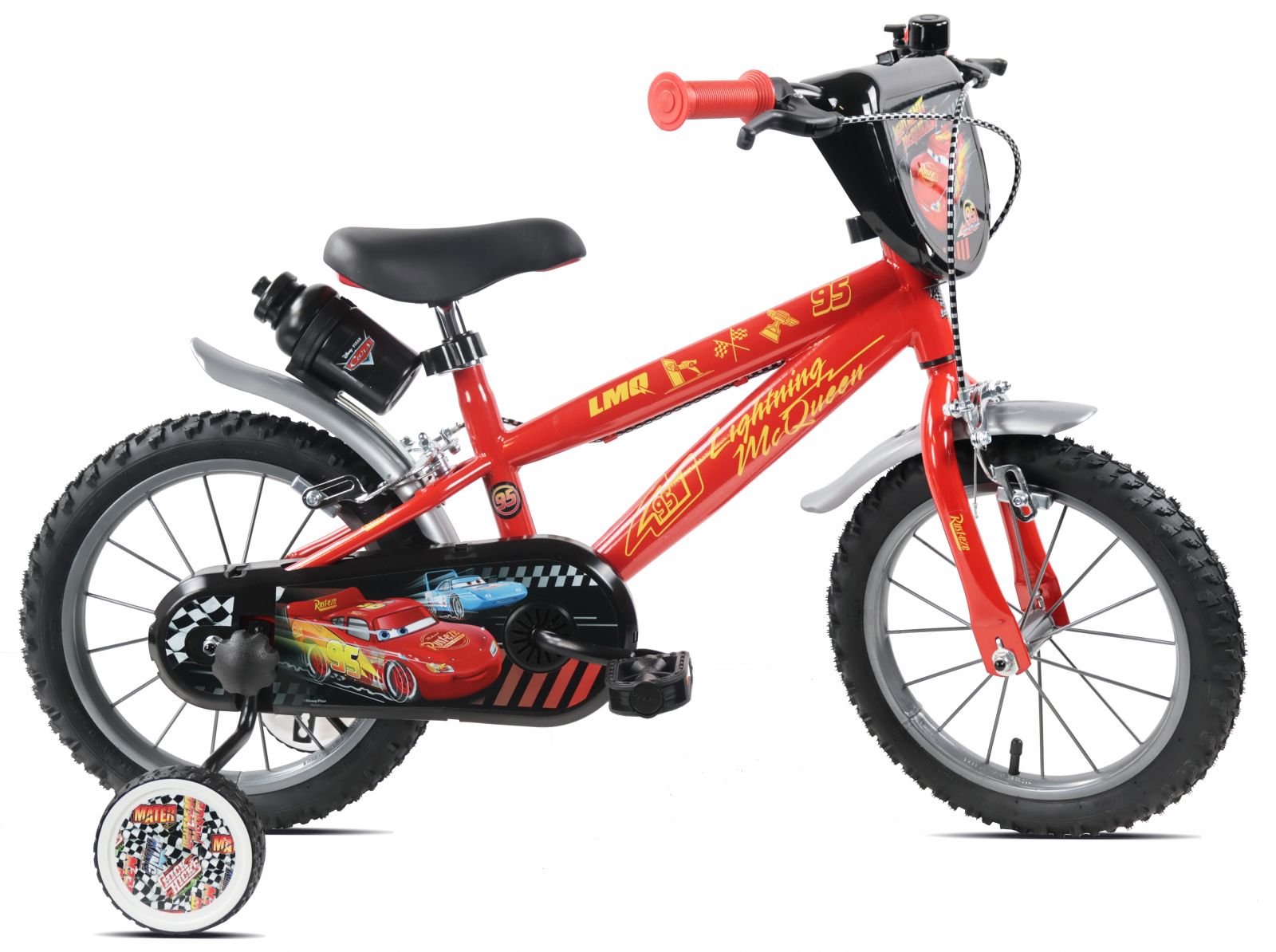Bicicleta Denver Disney Cars 14 inch frana de mana pe ambele roti claxon sticla de apa aparatoare noroi fata si spate spite metalice roti gonflabile