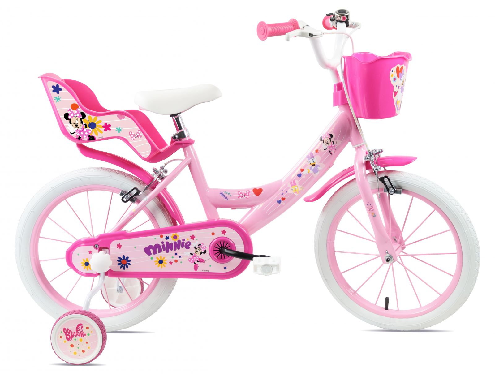 Bicicleta Denver Minnie Cutest 16 inch frana de mana pe ambele roti clopotel roti ajutatoare detasabile suport pentru papusi cosulet transport pe ghidon