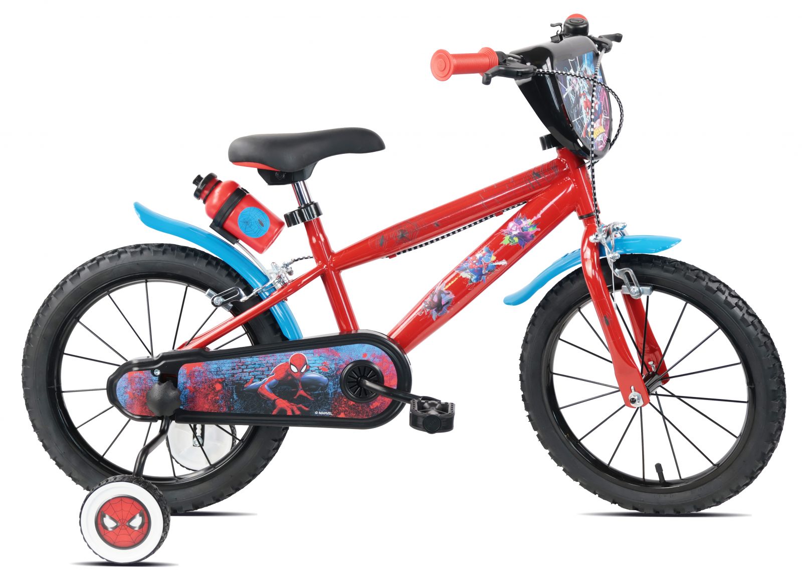 Bicicleta Denver Spiderman 16 inch frana de mana pe ambele roti claxon sticla de apa aparatoare noroi fata si spate spite metalice roti gonflabile