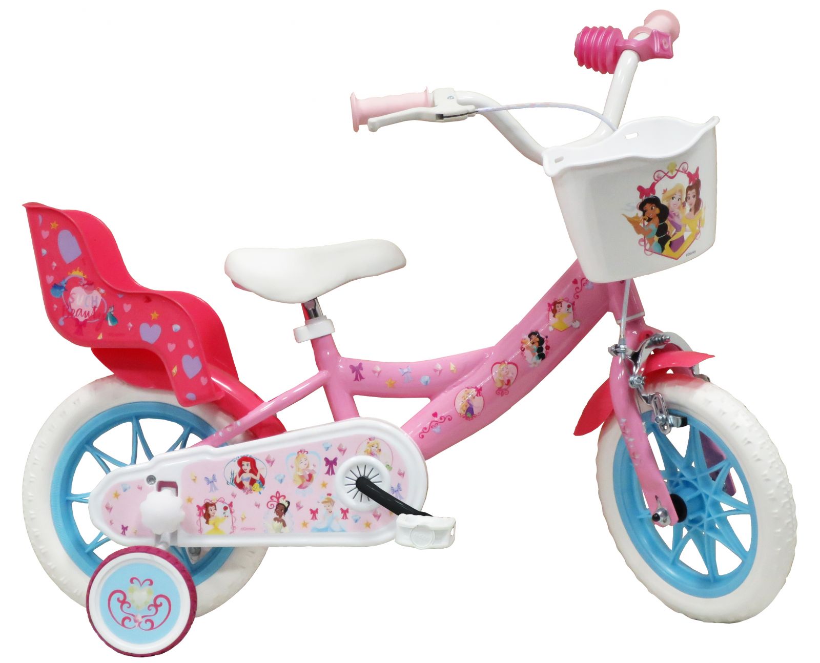 Bicicleta Denver Disney Princess 12 inch frana de mana pe ambele roti clopotel roti ajutatoare detasabile suport pentru papusi cosulet transport pe ghidon