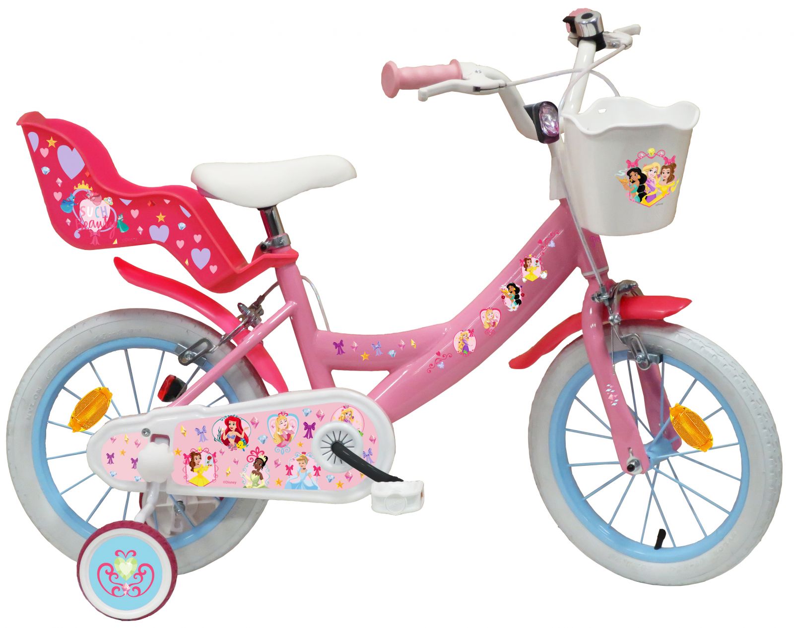 Bicicleta Denver Disney Princess 14 inch frana de mana pe ambele roti clopotel roti ajutatoare detasabile suport pentru papusi cosulet transport pe ghidon