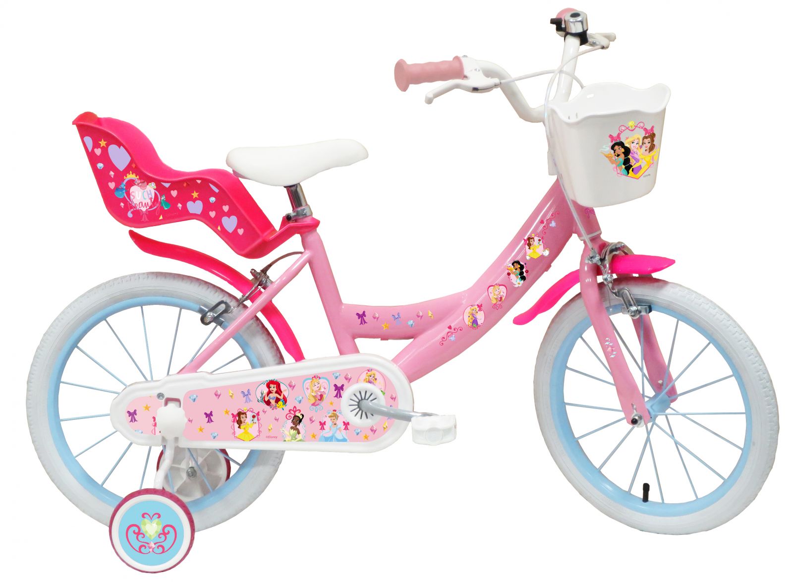 Bicicleta Denver Disney Princess 16 inch frana de mana pe ambele roti clopotel roti ajutatoare detasabile suport pentru papusi cosulet transport pe ghidon