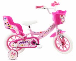 Bicicleta Denver Minnie Cutest 12 inch, frana de mana pe ambele roti, clopotel, roti ajutatoare detasabile, suport pentru papusi