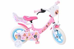 Bicicleta E&L Disney Princess 12 inch, frana de mana, roti cauciuc EVA, scaun si ghidon reglabil, suport pentru papusi, cosulet pe ghidon