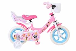 Bicicleta E&L Disney Princess 12 inch, frana de mana, roti cauciuc EVA, scaun si ghidon reglabil, suport pentru papusi, cosulet pe ghidon