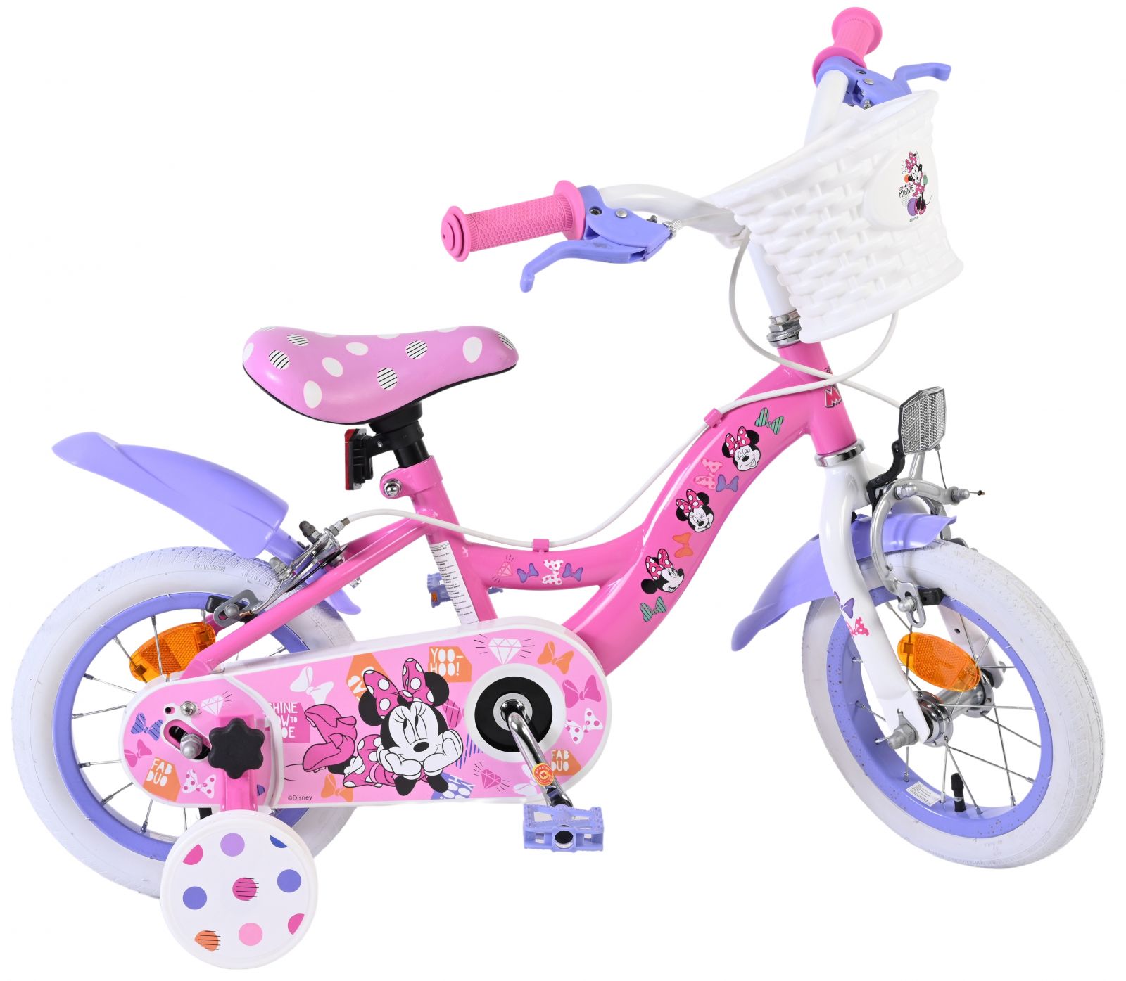 Bicicleta EL Minnie Mouse 12 inch frana de mana pe ambele roti scaun si ghidon reglabil spite metalice roti gonflabile cosulet pe ghidon(9)