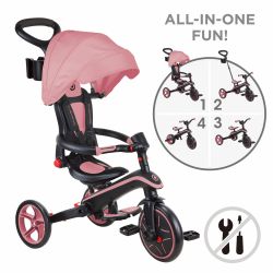 Tricicleta Globber EXPLORER PLIABLA 4 in 1, functie free wheel, scaun ajustabil, roti EVA, centura siguranta in 5 puncte, culoare roz pal