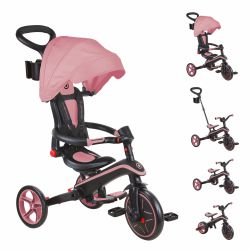 Tricicleta Globber EXPLORER PLIABLA 4 in 1, functie free wheel, scaun ajustabil, roti EVA, centura siguranta in 5 puncte, culoare roz pal