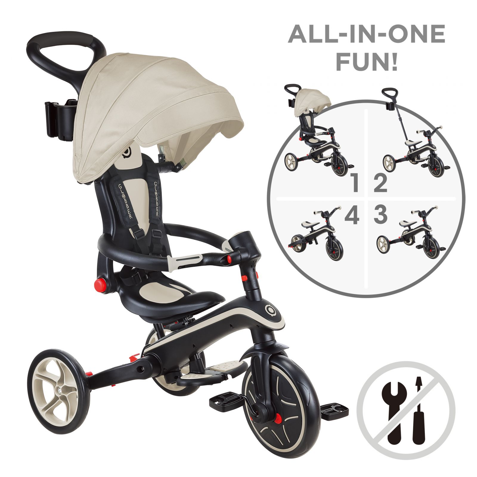 Tricicleta Globber EXPLORER PLIABLA 4 in 1 functie free wheel scaun ajustabil roti EVA centura siguranta in 5 puncte culoare crem(1)