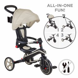 Tricicleta Globber EXPLORER PLIABLA 4 in 1, functie free wheel, scaun ajustabil, roti EVA, centura siguranta in 5 puncte, culoare bej