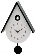 Ceas de perete AMS 7510, mecanism quartz cu pendul, melodie cuc, carcasă din plastic alb/negru