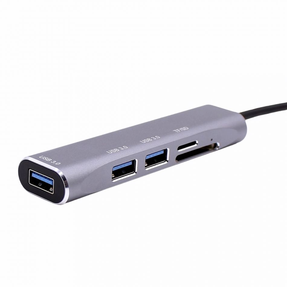 Hub USB Techone® UCard 3P, 3 porturi, viteza 3.0, cititor carduri TF/SD, alimentare Type C, aluminiu, argintiu