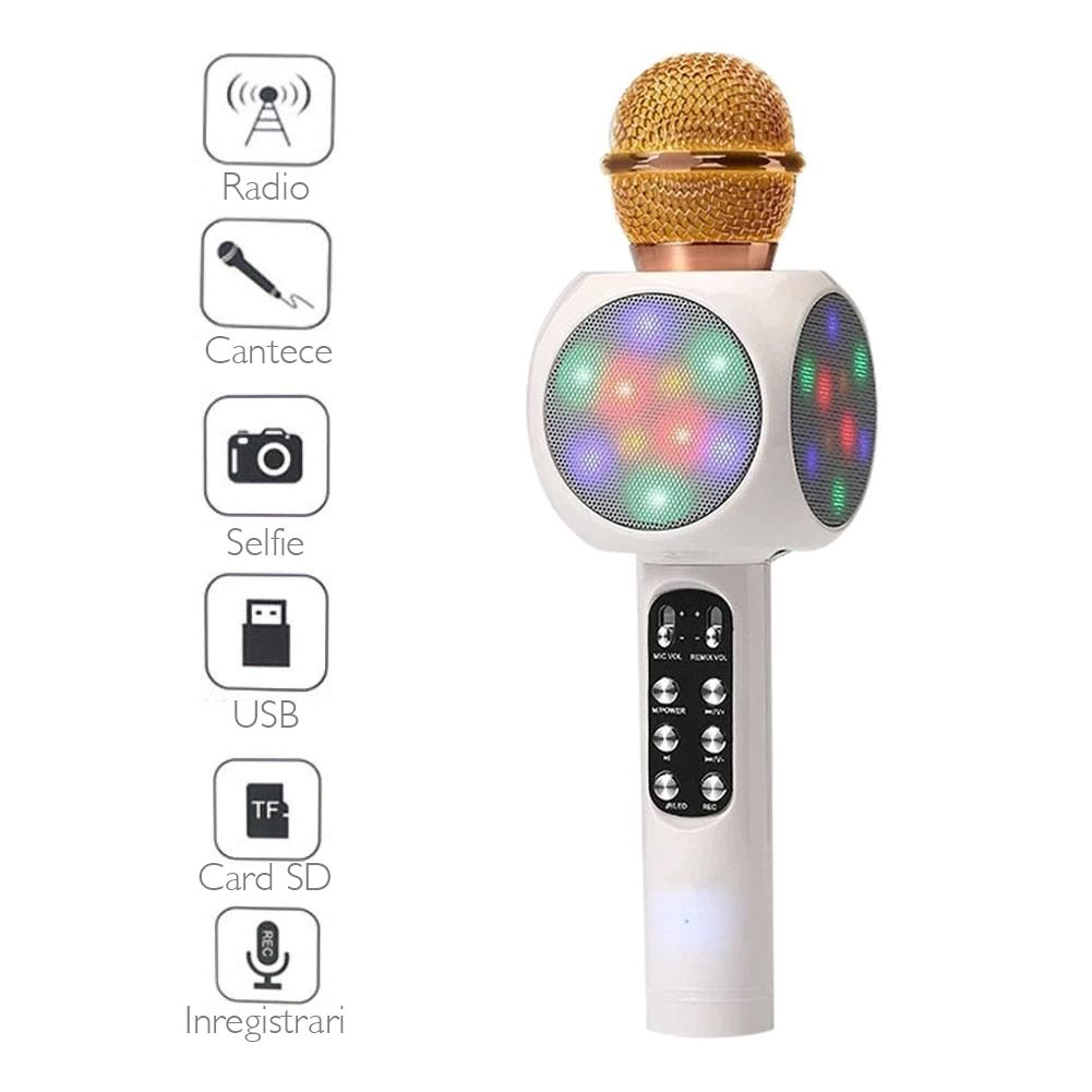 Resigilat Microfon karaoke Thinrad™ KF500, cu boxa bluetooth incorporata, leduri colorate, functie radio, inregistrare pe card, ecou, conectare la telefon, USB, Aux, Crem