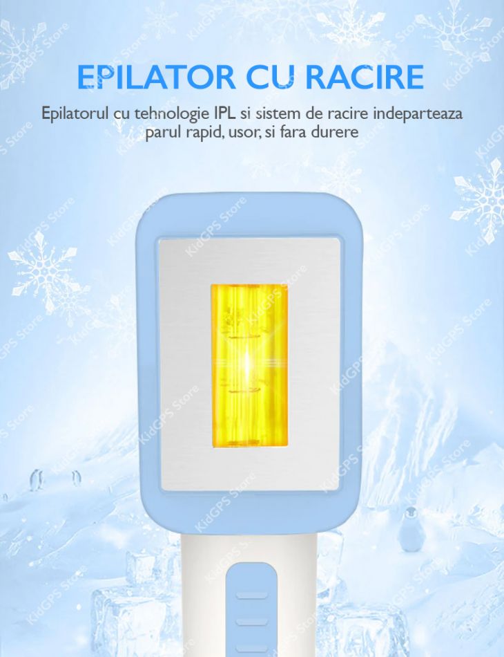 Epilator IPL Horigen® T012C, functie Ice Cool cu racire, suprafata lampa 4 cm, 48W, epilare si intinerire piele/acnee, 5 viteze, tub lumina quarz, mod automat si manual, epilare definitiva, senzor nuanta piele, alb