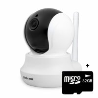 Baby Monitor Wireless Sricam™ SP020 Pro, FullHD, 2MP, video-audio bebelusi, vedere nocturna, sunet bidirectional, push to talk, rotire automata, senzor miscare, alb, pachet bundle (Camera + card 32GB)