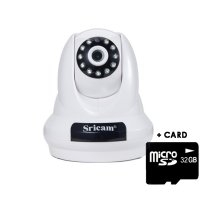 Baby Monitor Wireless Sricam™ SP018, FullHD 2Mp, video-audio copii, vedere nocturna, sunet bidirectional, push to talk, rotire automata rapida, senzor miscare, alb, pachet bundle (camera + card 32GB)