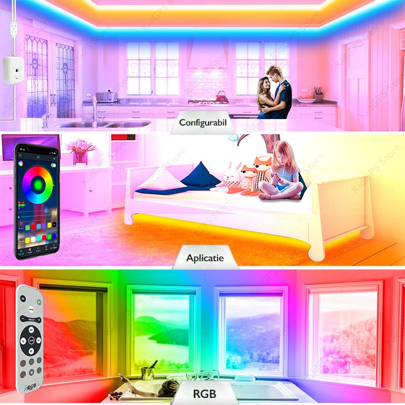 Kit Banda LED Huerler™ Smart RGB  20 metri (2 X 10m), Wi-FI, control aplicatie, telecomanda, Bluetooth, lumina Multicolora, Music Sync, control vocal, Led Strip