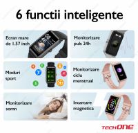 Ceas smartwatch si bratara fitness TechONE™ H86 Pro, pentru femei, monitorizare ciclu menstrual, ritm cardiac, ecran HD, ultra usor, multi sport, auriu