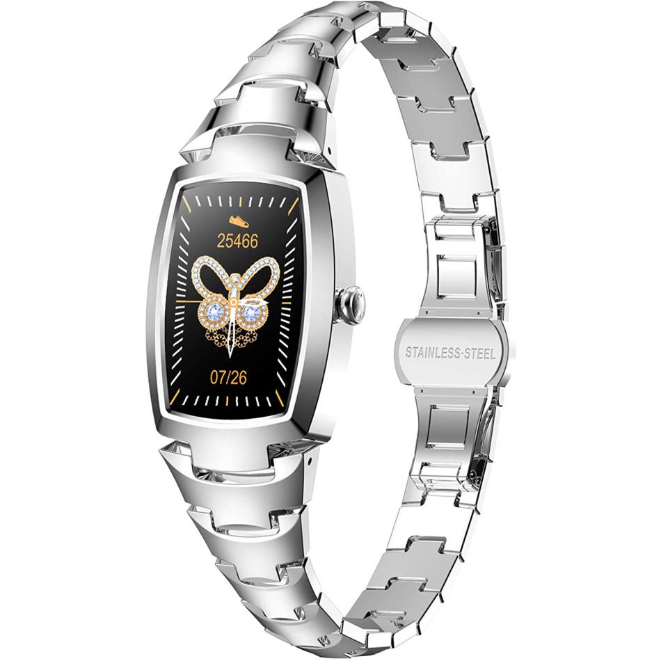 Ceas smartwatch TechONE™ H8 Pro, pentru femei, monitorizare ciclu menstrual, oxigen, ritm cardiac, multi sport, argintiu