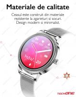RESIGILAT Ceas smartwatch si bratara fitness TechONE™ AK38, pentru femei, ciclu menstrual, ritm cardiac, somn, notificari, bratara metalica, ip68, vibratii, multi sport, Auriu