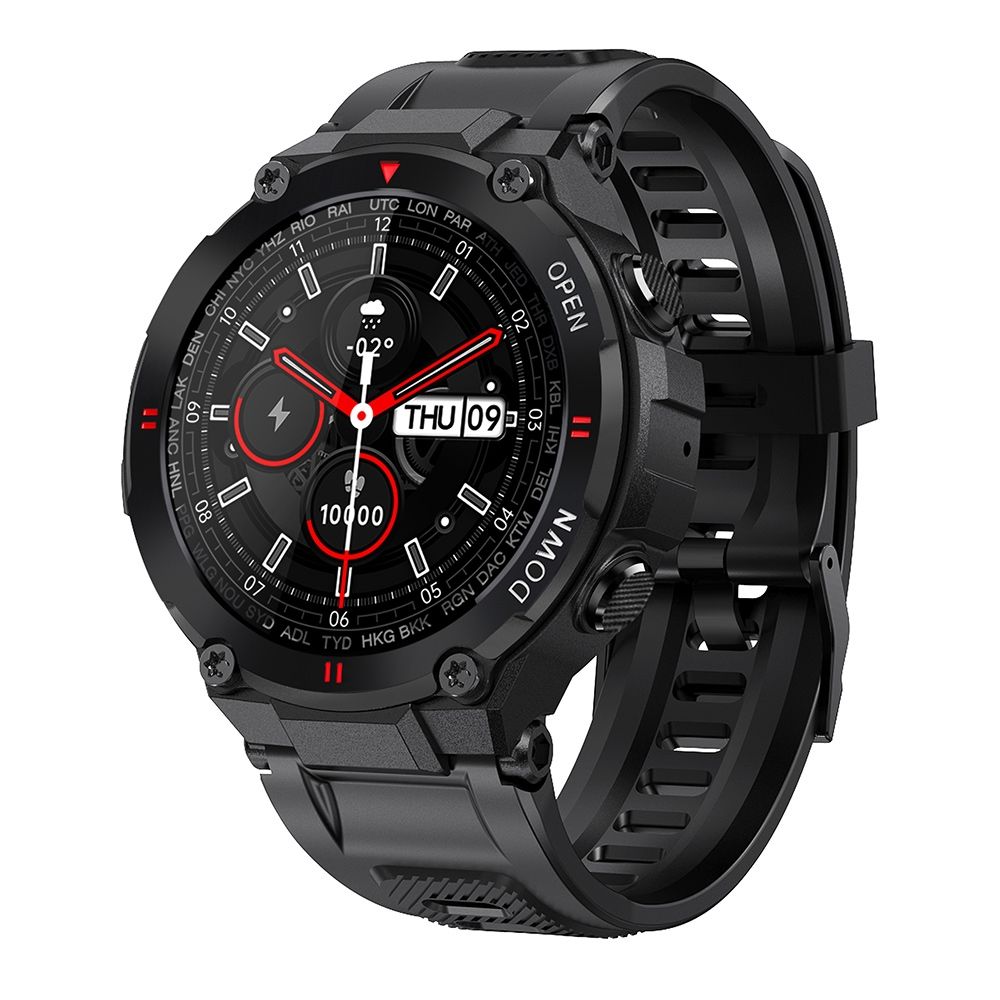 RESIGILAT Ceas smartwatch barbati TechONE™ K22, 1.28 inch IPS HD, multi sport, apel bluetooth 5.0, agenda, ritm cardiac inteligent, oxigen, rezistent la apa IP67, difuzor, notificari, vibratii, negru