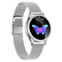 RESIGILAT Ceas smartwatch TechONE® KW20, pentru femei, multi sport, ritm cardiac, oxigen, ovulatie, rezistent la apa IP67, notificari, vibratii, bratara metalica, argintiu