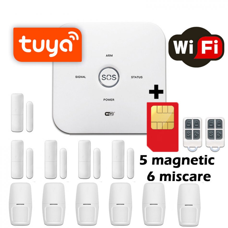 Sistem de alarma wireless GSM Wale® JT-10GDT, 11 senzori control aplicatie TUYA si SMS, baterie incorporata, alerta telefon si SMS, sim pre-pay cadou