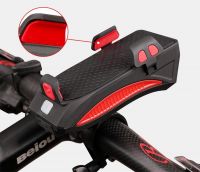 Far bicicleta cu suport telefon Huerler® 7496, cu claxon, 2 x T6 LED, 400 lumeni, acumulator 2000mAh, incarcare USB, rezistent la apa, 3 moduri de luminare, negru